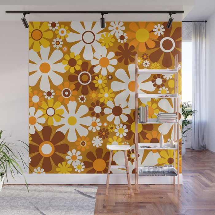 Retro Garden Flowers Groovy 60s 70s Floral Pattern Ochre Yellow Orange Brown Wall Mural Gallery Image 1