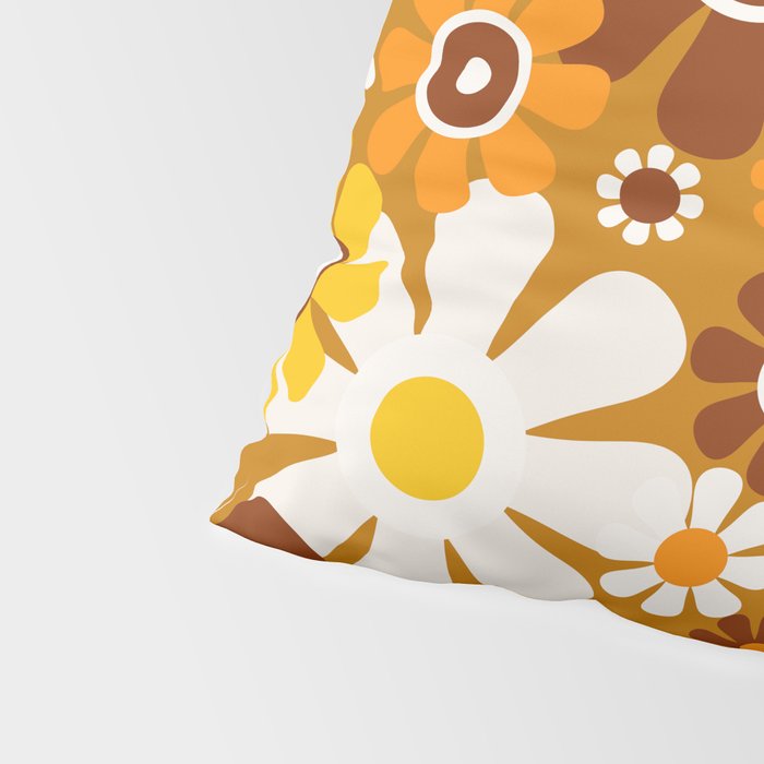 Retro Garden Flowers Groovy 60s 70s Floral Pattern Ochre Yellow Orange Brown Pillow Sham Gallery Image 4