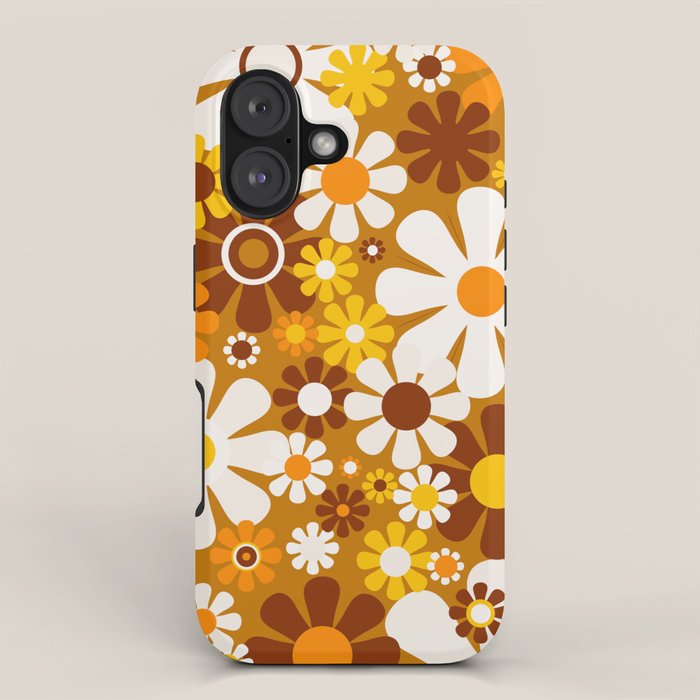 Retro Garden Flowers Groovy 60s 70s Floral Pattern Ochre Yellow Orange Brown iPhone Case Gallery Image 1