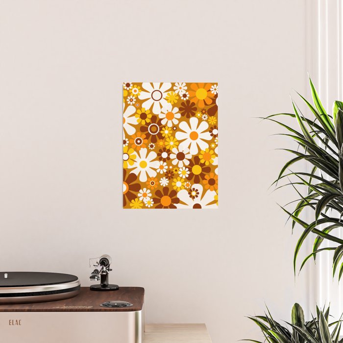 Retro Garden Flowers Groovy 60s 70s Floral Pattern Ochre Yellow Orange Brown Poster Gallery Image 2