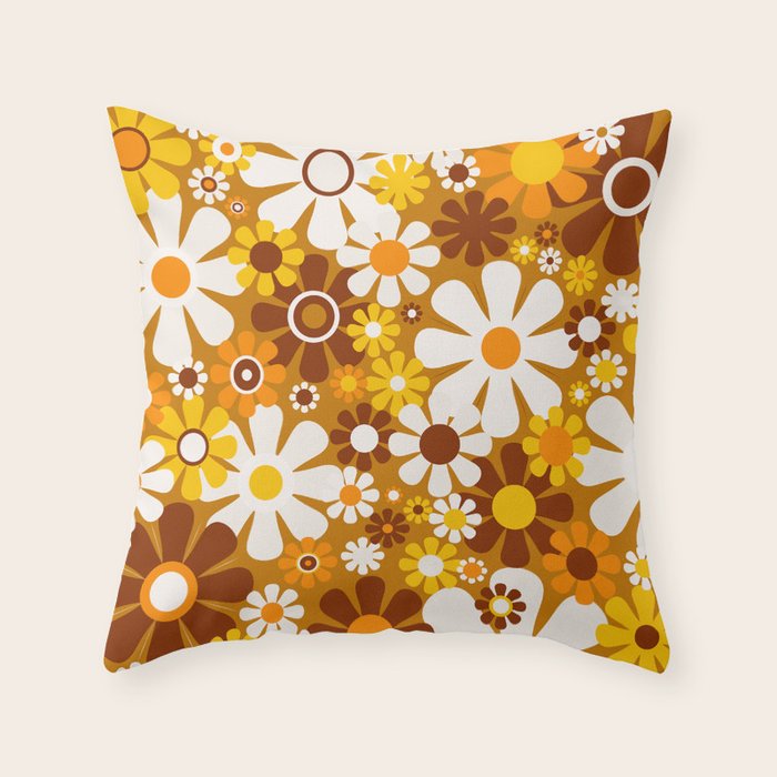 Retro Garden Flowers Groovy 60s 70s Floral Pattern Ochre Yellow Orange Brown Throw Pillow Gallery Image 1
