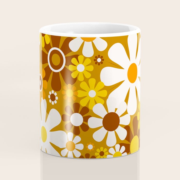 Retro Garden Flowers Groovy 60s 70s Floral Pattern Ochre Yellow Orange Brown Coffee Mug Gallery Image 4