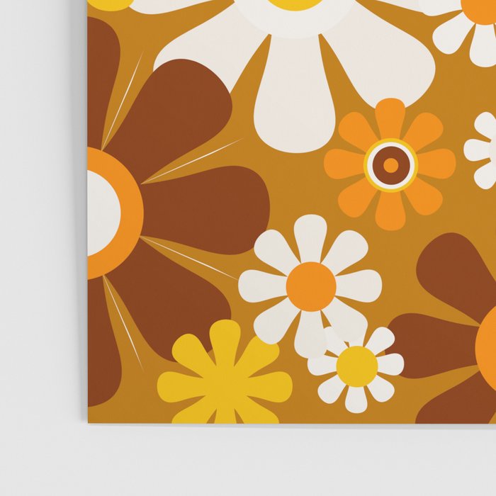 Retro Garden Flowers Groovy 60s 70s Floral Pattern Ochre Yellow Orange Brown Poster Gallery Image 3