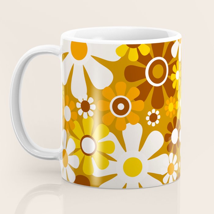Retro Garden Flowers Groovy 60s 70s Floral Pattern Ochre Yellow Orange Brown Coffee Mug Gallery Image 3