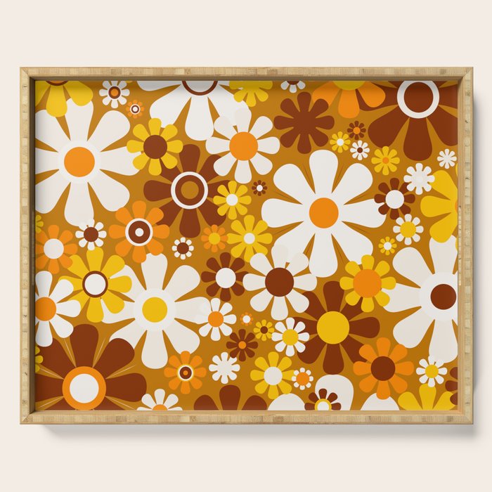 Retro Garden Flowers Groovy 60s 70s Floral Pattern Ochre Yellow Orange Brown Serving Tray Gallery Image 1