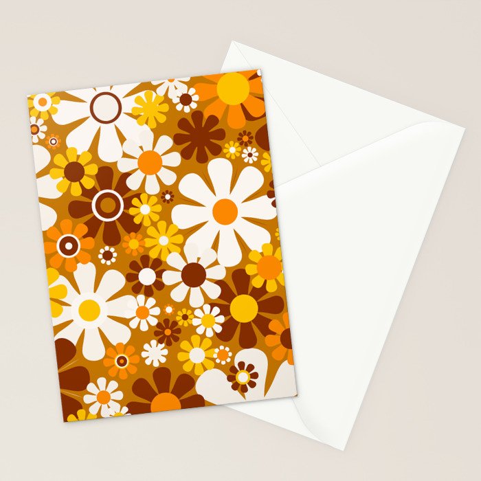 Retro Garden Flowers Groovy 60s 70s Floral Pattern Ochre Yellow Orange Brown Stationery Card Gallery Image 2