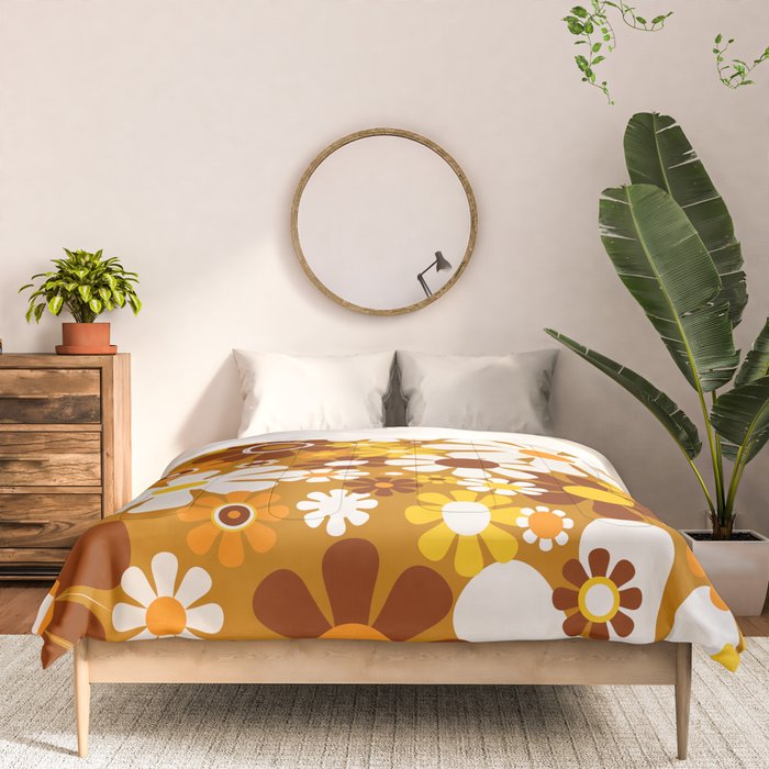Retro Garden Flowers Groovy 60s 70s Floral Pattern Ochre Yellow Orange Brown Comforter Gallery Image 3