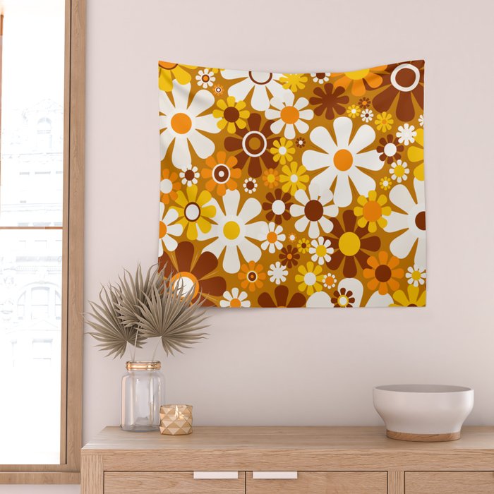 Retro Garden Flowers Groovy 60s 70s Floral Pattern Ochre Yellow Orange Brown Wall Tapestry Gallery Image 2