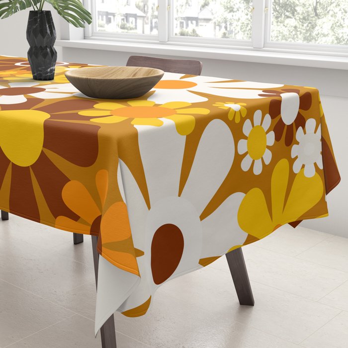 Retro Garden Flowers Groovy 60s 70s Floral Pattern Ochre Yellow Orange Brown Tablecloth Gallery Image 3