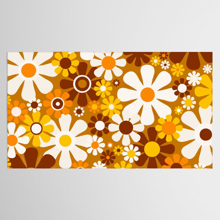 Retro Garden Flowers Groovy 60s 70s Floral Pattern Ochre Yellow Orange Brown Tablecloth Gallery Image 2