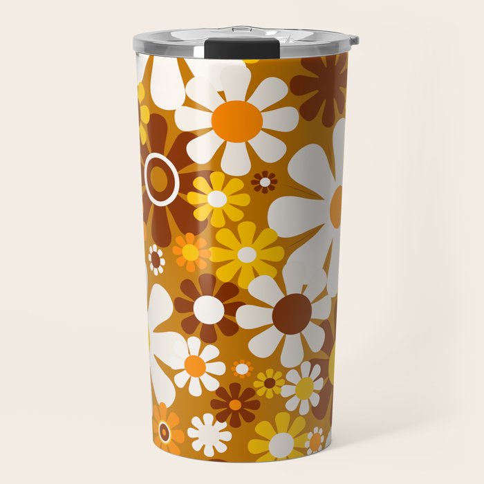 Retro Garden Flowers Groovy 60s 70s Floral Pattern Ochre Yellow Orange Brown Travel Mug Gallery Image 1