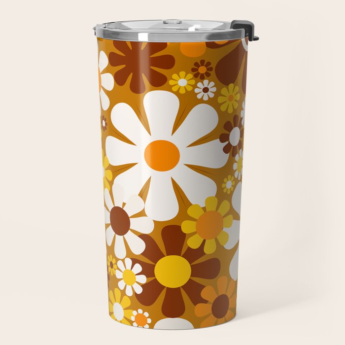 Retro Garden Flowers Groovy 60s 70s Floral Pattern Ochre Yellow Orange Brown Travel Mug Gallery Image 2