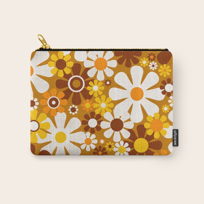 Retro Garden Flowers Groovy 60s 70s Floral Pattern Ochre Yellow Orange Brown Carry All Pouch Gallery Image 1