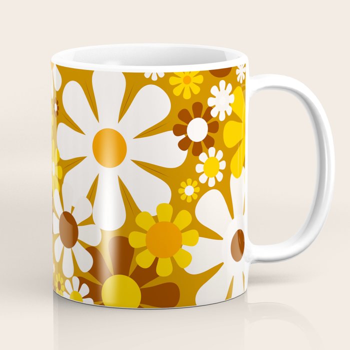 Retro Garden Flowers Groovy 60s 70s Floral Pattern Ochre Yellow Orange Brown Coffee Mug Gallery Image 1
