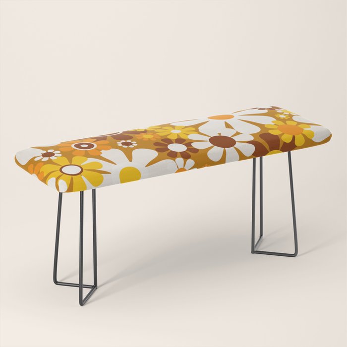 Retro Garden Flowers Groovy 60s 70s Floral Pattern Ochre Yellow Orange Brown Bench Gallery Image 1