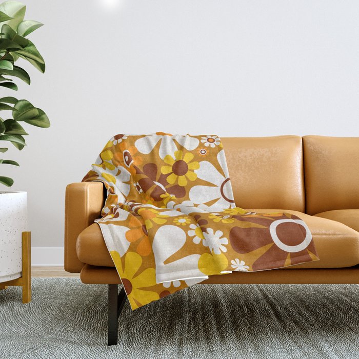 Retro Garden Flowers Groovy 60s 70s Floral Pattern Ochre Yellow Orange Brown Throw Blanket Gallery Image 1