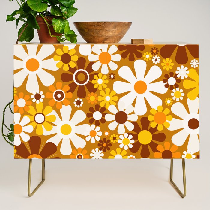 Retro Garden Flowers Groovy 60s 70s Floral Pattern Ochre Yellow Orange Brown Credenza Gallery Image 1
