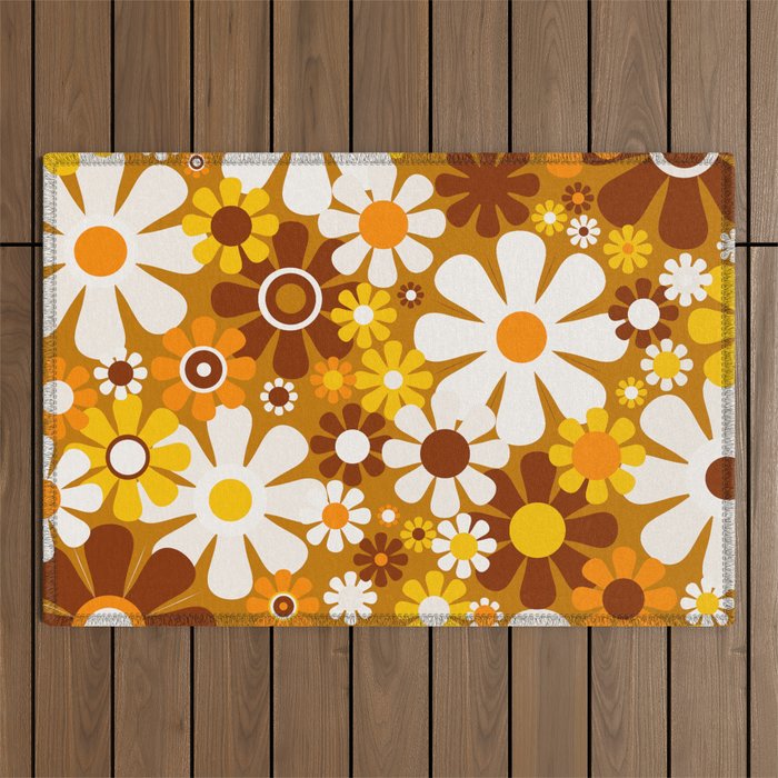 Retro Garden Flowers Groovy 60s 70s Floral Pattern Ochre Yellow Orange Brown Outdoor Rug Gallery Image 1