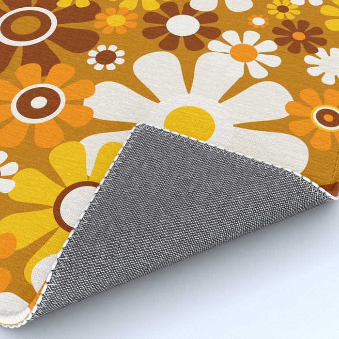 Retro Garden Flowers Groovy 60s 70s Floral Pattern Ochre Yellow Orange Brown Rug Gallery Image 4