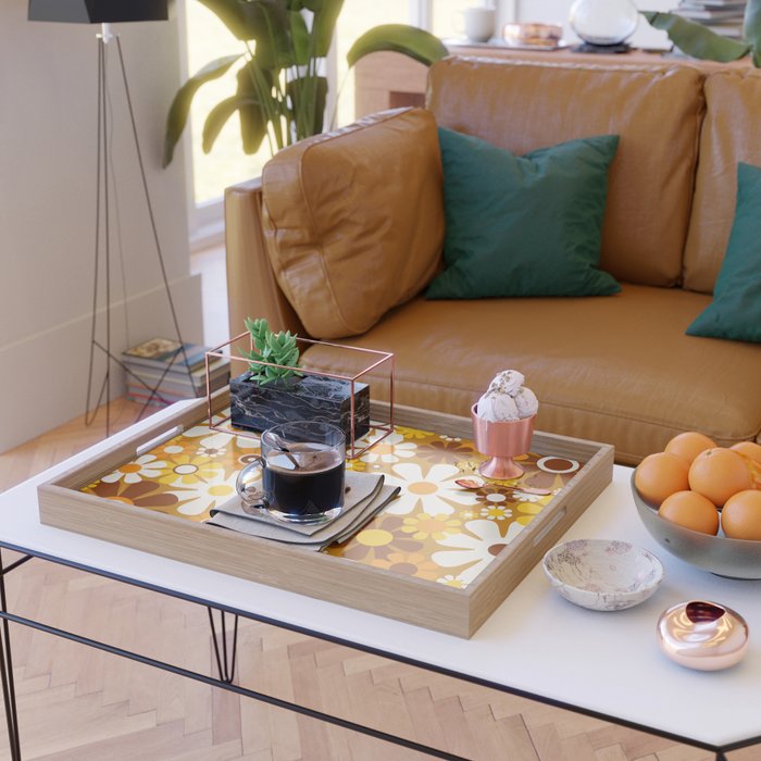 Retro Garden Flowers Groovy 60s 70s Floral Pattern Ochre Yellow Orange Brown Serving Tray Gallery Image 2