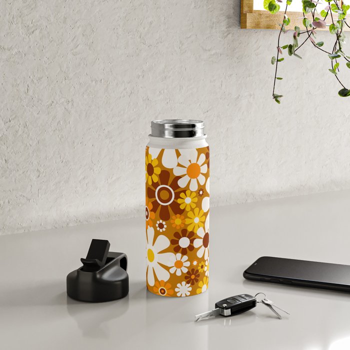 Retro Garden Flowers Groovy 60s 70s Floral Pattern Ochre Yellow Orange Brown Water Bottle Gallery Image 4