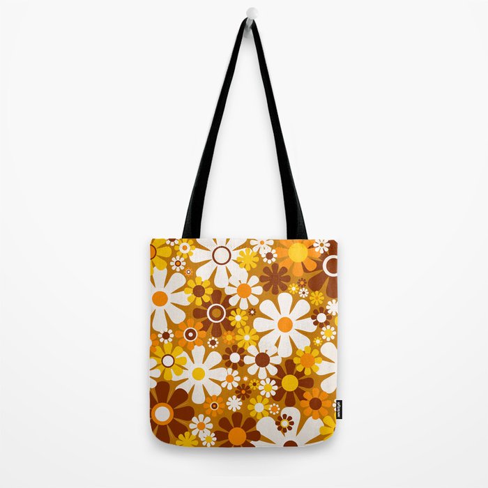 Retro Garden Flowers Groovy 60s 70s Floral Pattern Ochre Yellow Orange Brown Tote Bag Gallery Image 2
