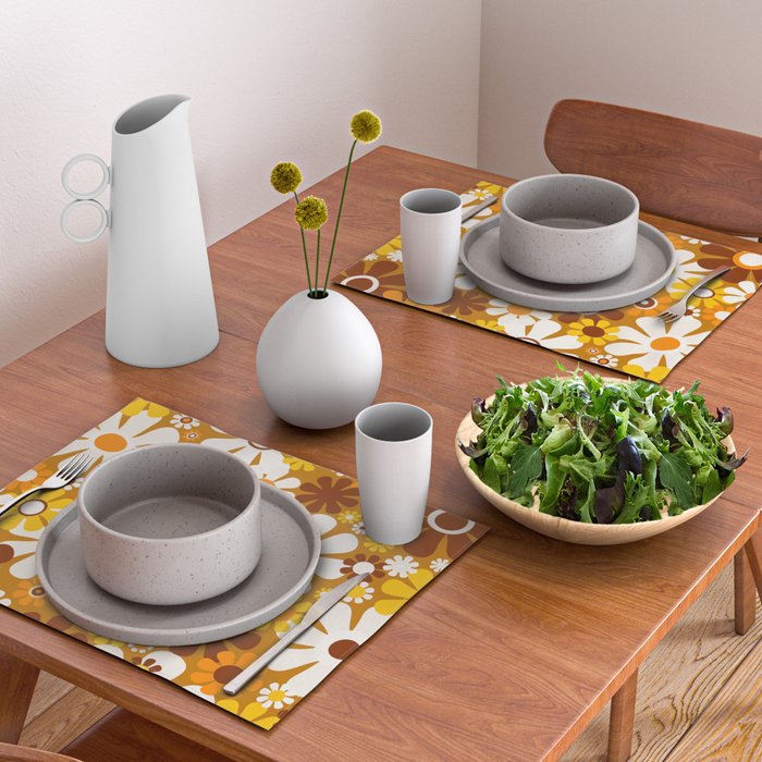 Retro Garden Flowers Groovy 60s 70s Floral Pattern Ochre Yellow Orange Brown Placemat Gallery Image 2