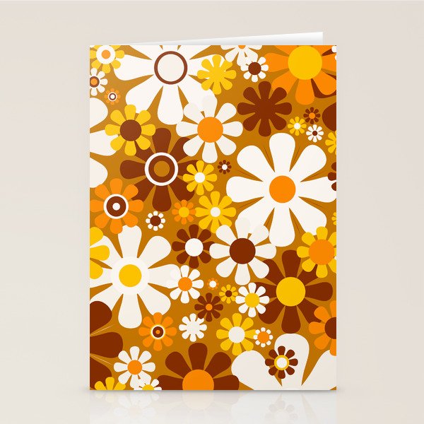 Retro Garden Flowers Groovy 60s 70s Floral Pattern Ochre Yellow Orange Brown Stationery Card Gallery Image 2