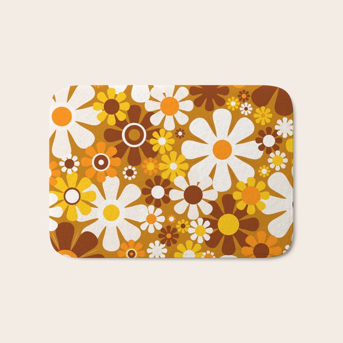 Retro Garden Flowers Groovy 60s 70s Floral Pattern Ochre Yellow Orange Brown Bath Mat Gallery Image 1