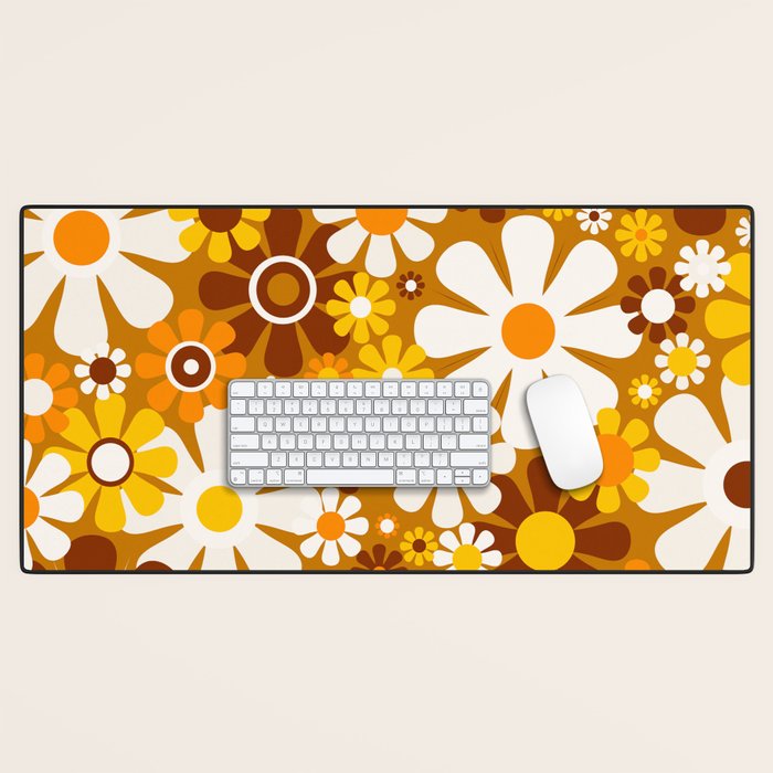 Retro Garden Flowers Groovy 60s 70s Floral Pattern Ochre Yellow Orange Brown Desk Mat Gallery Image 1