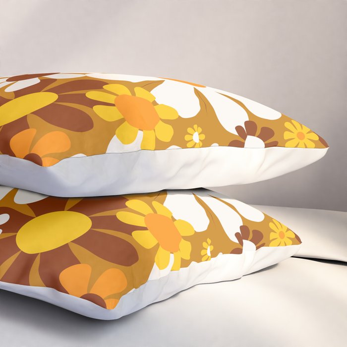 Retro Garden Flowers Groovy 60s 70s Floral Pattern Ochre Yellow Orange Brown Pillow Sham Gallery Image 3