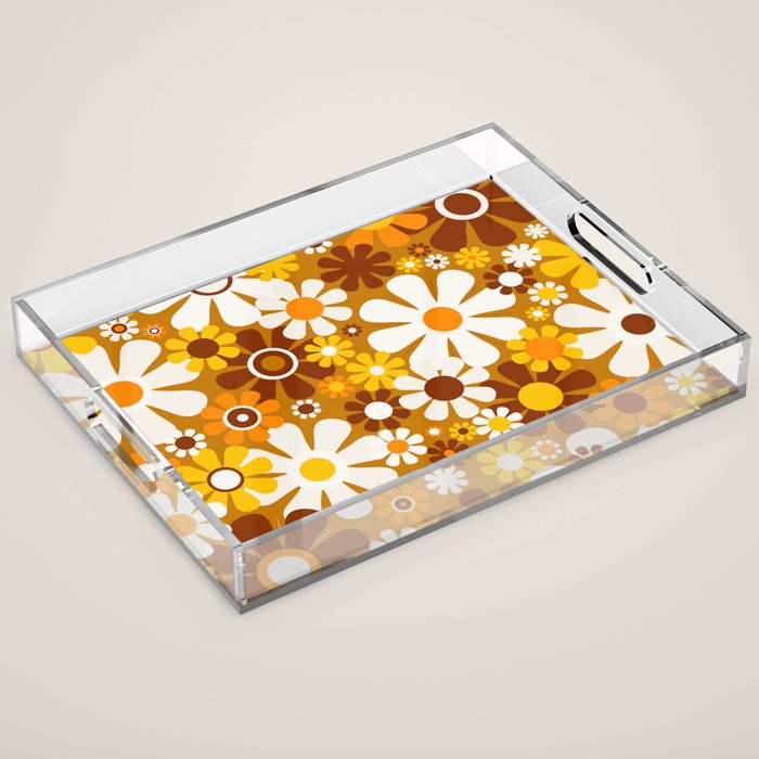 Retro Garden Flowers Groovy 60s 70s Floral Pattern Ochre Yellow Orange Brown Acrylic Tray Gallery Image 1