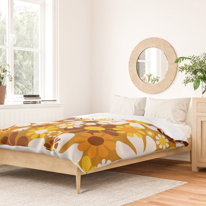 Retro Garden Flowers Groovy 60s 70s Floral Pattern Ochre Yellow Orange Brown Duvet Cover Gallery Image 2