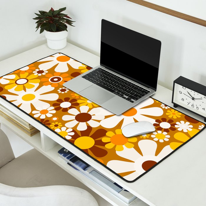 Retro Garden Flowers Groovy 60s 70s Floral Pattern Ochre Yellow Orange Brown Desk Mat Gallery Image 2