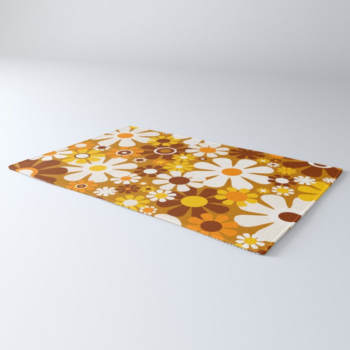 Retro Garden Flowers Groovy 60s 70s Floral Pattern Ochre Yellow Orange Brown Rug Gallery Image 3