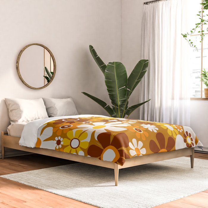 Retro Garden Flowers Groovy 60s 70s Floral Pattern Ochre Yellow Orange Brown Comforter Gallery Image 2
