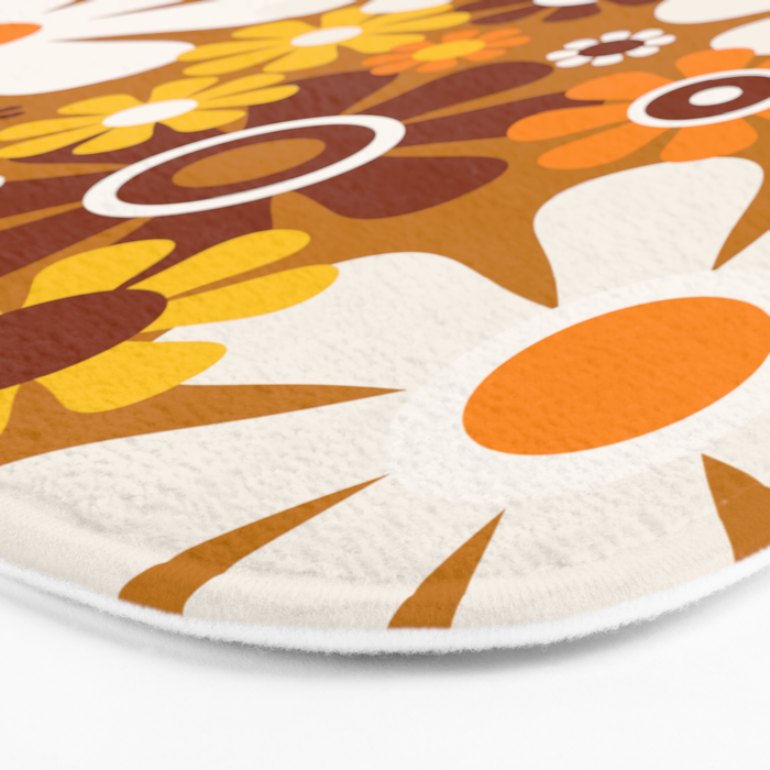 Retro Garden Flowers Groovy 60s 70s Floral Pattern Ochre Yellow Orange Brown Bath Mat Gallery Image 3