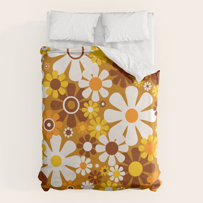 Retro Garden Flowers Groovy 60s 70s Floral Pattern Ochre Yellow Orange Brown Duvet Cover Gallery Image 6