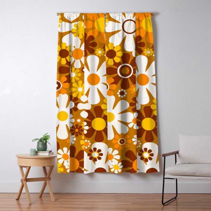 Retro Garden Flowers Groovy 60s 70s Floral Pattern Ochre Yellow Orange Brown Window Curtain Gallery Image 5