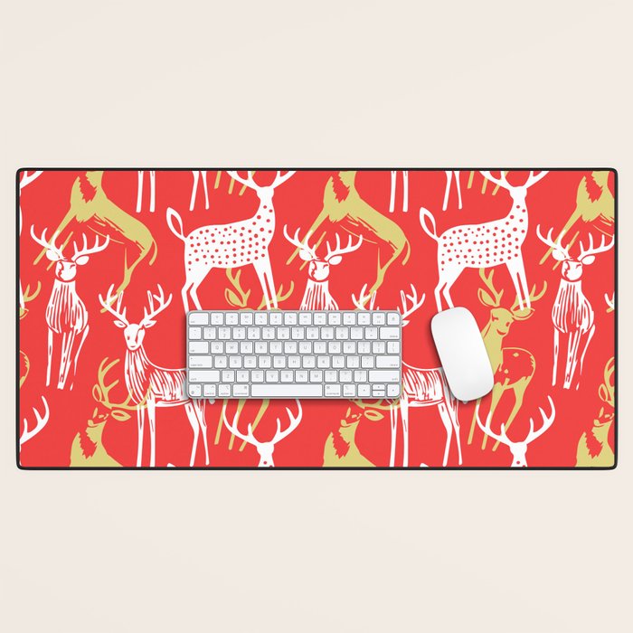 Red christmas reindeer animal pattern Desk Mat Gallery Image 1