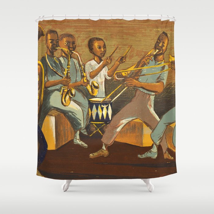 African American Masterpiece 'Harlem Musicians' WPA musical painting by Elizabeth Olds Shower Curtain Gallery Image 1