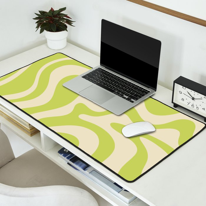 Retro Liquid Swirl Abstract Pattern in Light Lime Linden Green and Beige Desk Mat Gallery Image 2