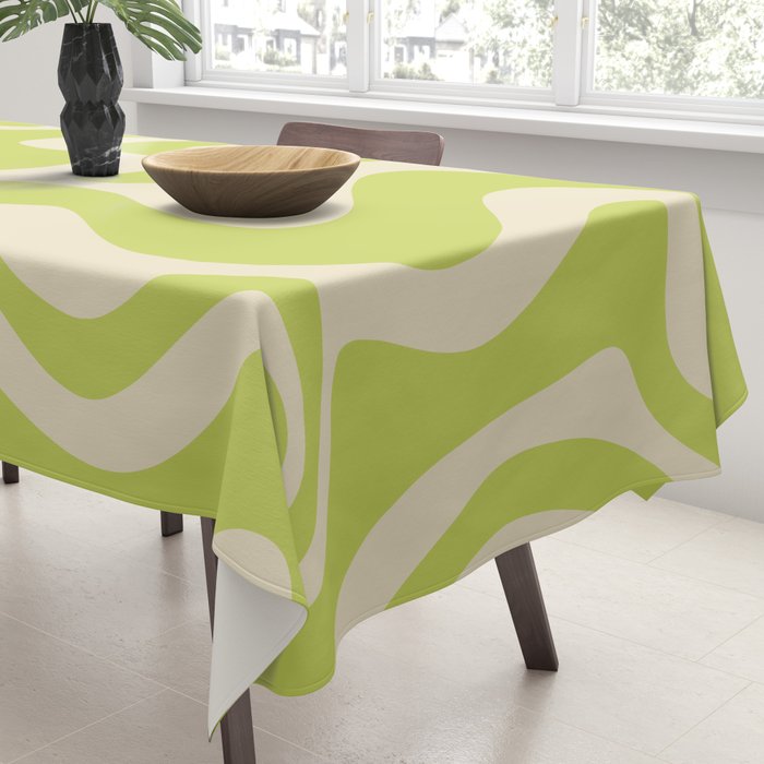 Retro Liquid Swirl Abstract Pattern in Light Lime Linden Green and Beige Tablecloth Gallery Image 3