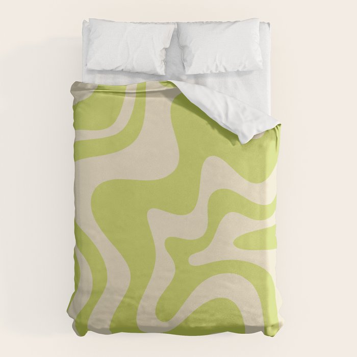 Retro Liquid Swirl Abstract Pattern in Light Lime Linden Green and Beige Duvet Cover Gallery Image 1