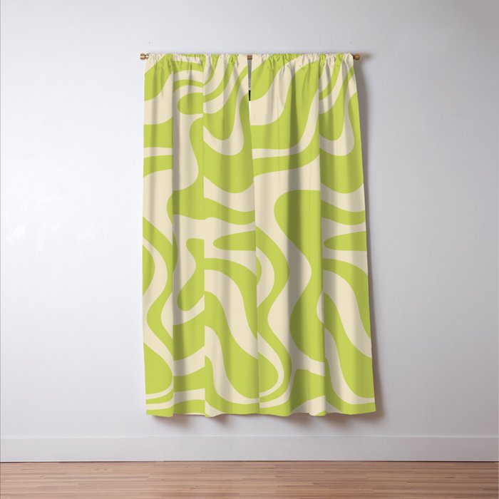 Retro Liquid Swirl Abstract Pattern in Light Lime Linden Green and Beige Window Curtain Gallery Image 3