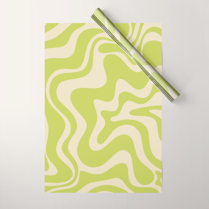 Retro Liquid Swirl Abstract Pattern in Light Lime Linden Green and Beige Wrapping Paper Gallery Image 1