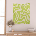 Retro Liquid Swirl Abstract Pattern in Light Lime Linden Green and Beige Wall Tapestry Gallery Image 2