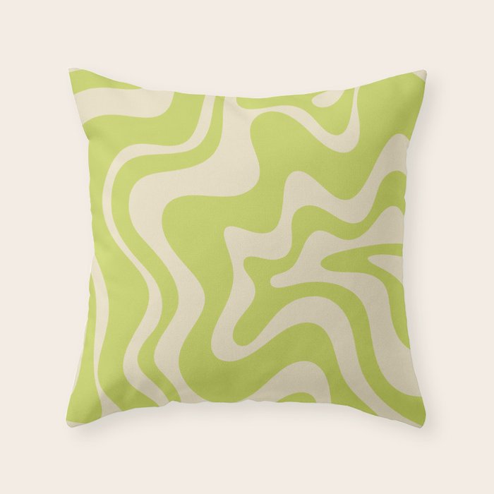 Retro Liquid Swirl Abstract Pattern in Light Lime Linden Green and Beige Throw Pillow Gallery Image 6