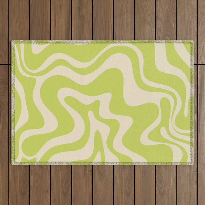 Retro Liquid Swirl Abstract Pattern in Light Lime Linden Green and Beige Outdoor Rug Gallery Image 1