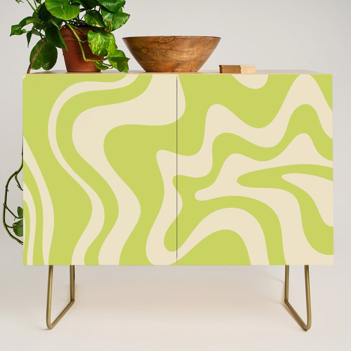 Retro Liquid Swirl Abstract Pattern in Light Lime Linden Green and Beige Credenza Gallery Image 1
